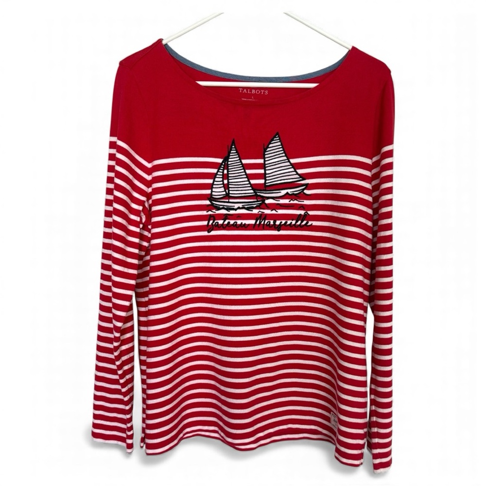 Talbots Red White Striped Sailboat Nautical Tee Large 100% Cotton Long Sleeve